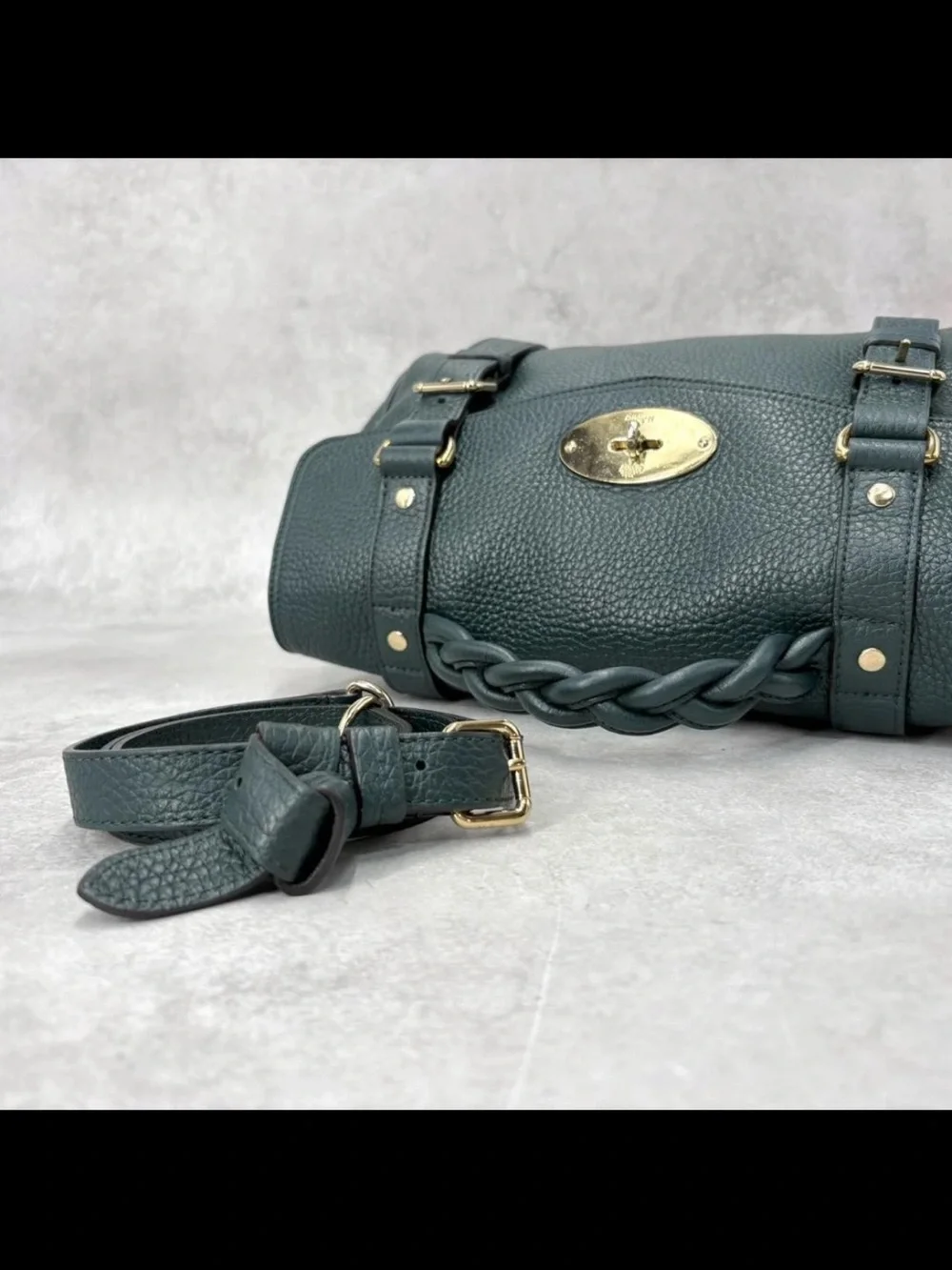 Mulberry Dark Teal Pebbled Leather Satchel with Braided Top Handle